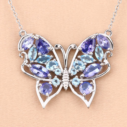 Collar de plata de ley .925 con tanzanita genuina de 3.60 quilates y topacio azul suizo