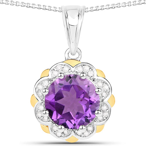 Colgante de 1,87 quilates de amatista genuina y diamantes blancos en oro amarillo de 14K con plata esterlina .925