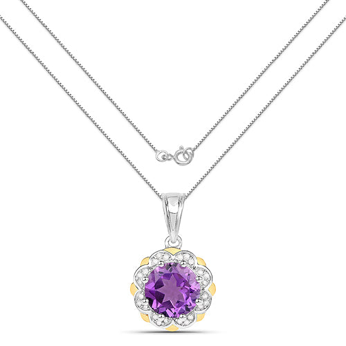 Colgante de 1,87 quilates de amatista genuina y diamantes blancos en oro amarillo de 14K con plata esterlina .925