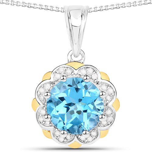 Colgante de oro amarillo de 14 quilates con topacio azul suizo auténtico de 2,32 quilates y diamantes blancos, con plata de ley .925
