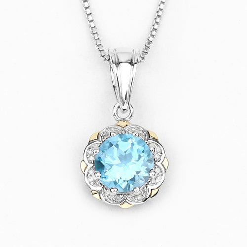 Colgante de oro amarillo de 14 quilates con topacio azul suizo auténtico de 2,32 quilates y diamantes blancos, con plata de ley .925