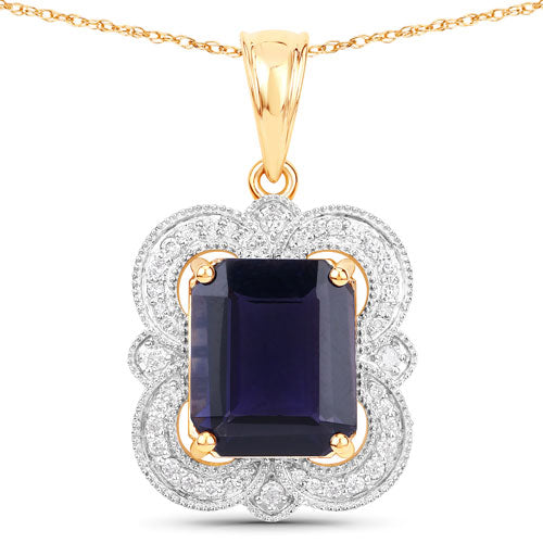 Colgante de oro amarillo de 14 quilates con iolita genuina de 4,07 quilates y diamantes blancos