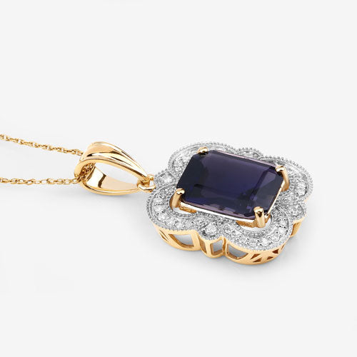 Colgante de oro amarillo de 14 quilates con iolita genuina de 4,07 quilates y diamantes blancos