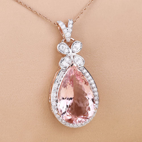 Colgante de oro rosa de 14 quilates con morganita auténtica de 8,14 quilates y diamantes blancos
