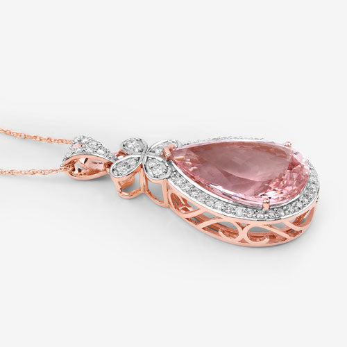 Colgante de oro rosa de 14 quilates con morganita auténtica de 8,14 quilates y diamantes blancos