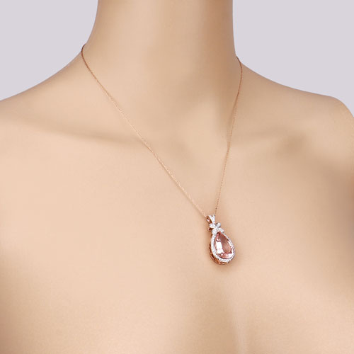 Colgante de oro rosa de 14 quilates con morganita auténtica de 8,14 quilates y diamantes blancos