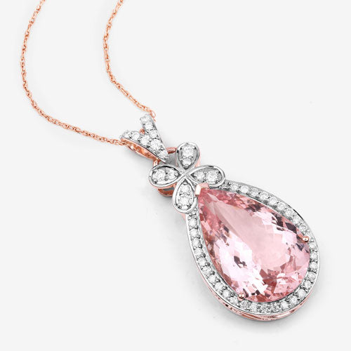 Colgante de oro rosa de 14 quilates con morganita auténtica de 8,14 quilates y diamantes blancos