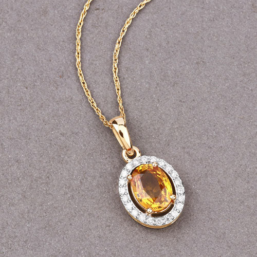 Colgante de oro amarillo de 14K con zafiro amarillo auténtico de 1.78 quilates y diamantes blancos