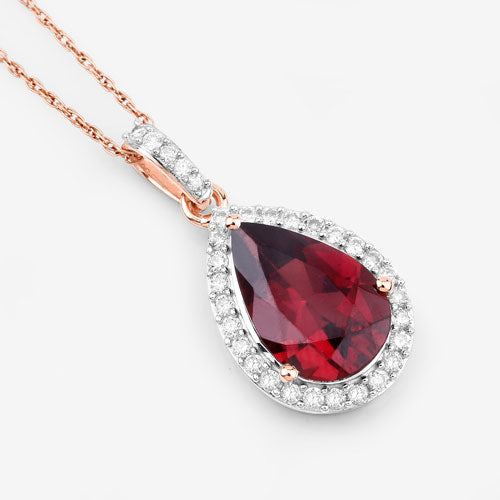 Colgante de oro rosa de 14K con rodolita genuina y diamantes blancos de 3.29 quilates
