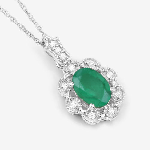 Colgante de oro blanco de 10K con esmeralda genuina de Zambia de 0,79 quilates y diamantes blancos