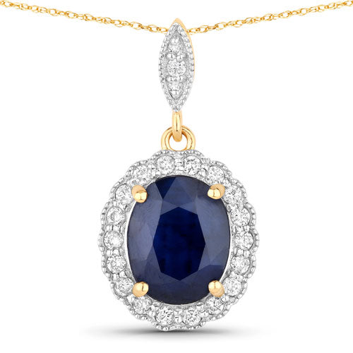 Colgante de oro amarillo de 14 quilates con zafiro azul auténtico de 3,38 quilates y diamantes blancos