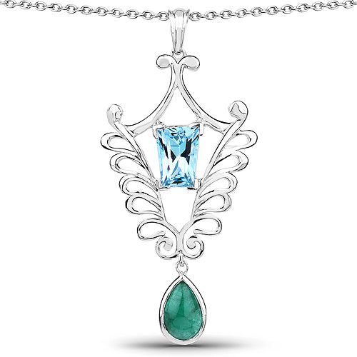 Colgante de plata de ley .925 con esmeralda genuina de 9.23 quilates y topacio azul suizo