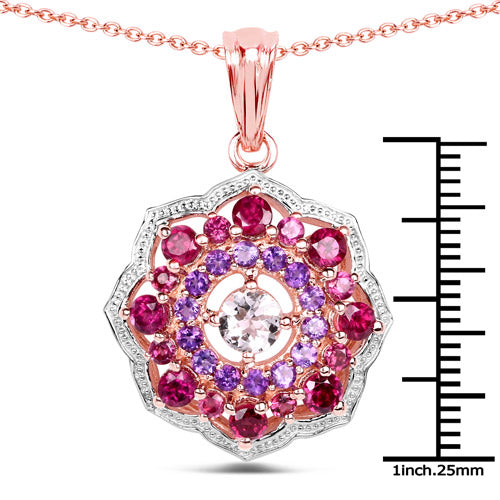 Colgante de plata de ley 925 con baño de oro rosa de 14 quilates, morganita, rodolita y amatista auténticas de 2,30 quilates