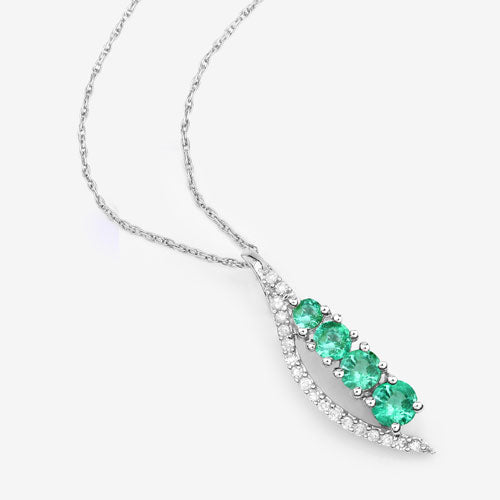 Colgante de oro blanco de 14 quilates con esmeralda zambiana auténtica de 0,34 quilates y diamantes blancos