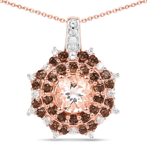 Colgante de plata de ley 925 chapado en oro rosa de 18 quilates con morganita auténtica de 1,61 quilates, cuarzo ahumado y circonita blanca