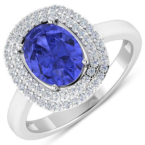Anillo de oro blanco de 14K con tanzanita genuina de 2,02 quilates y diamantes blancos