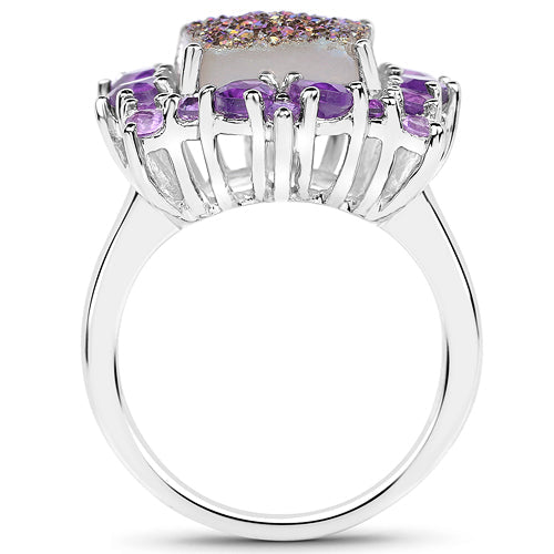 Anillo de plata de ley .925 con amatista y cuarzo drusa auténtico de 5.97 quilates