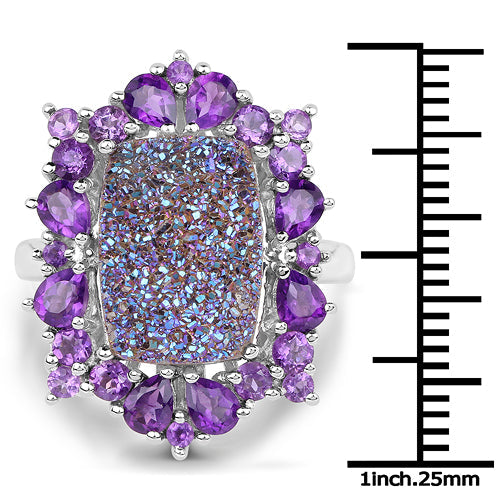 Anillo de plata de ley .925 con amatista y cuarzo drusa auténtico de 5.97 quilates
