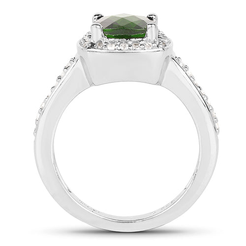 Anillo de plata de ley .925 con diópsido de cromo genuino de 1,67 quilates y topacio blanco