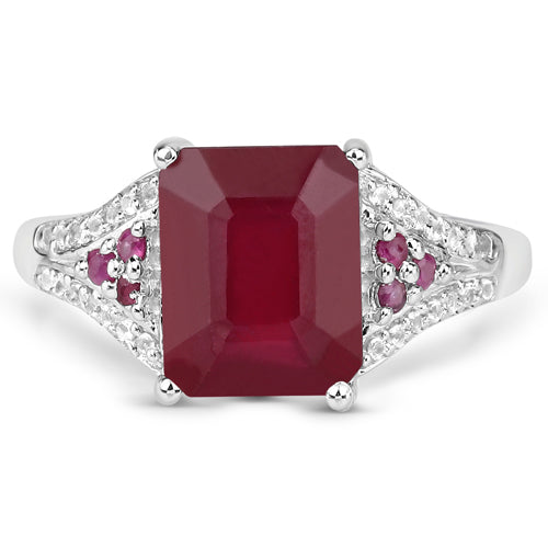 Anillo de plata esterlina .925 con rubí relleno de vidrio de 4.49 quilates y topacio blanco