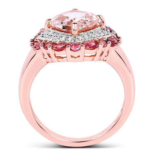 Anillo de plata de ley .925 chapado en oro rosa de 14 quilates con morganita auténtica de 3,11 quilates, turmalina rosa y topacio blanco