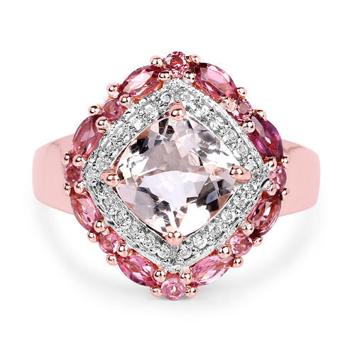 Anillo de plata de ley .925 chapado en oro rosa de 14 quilates con morganita auténtica de 3,11 quilates, turmalina rosa y topacio blanco