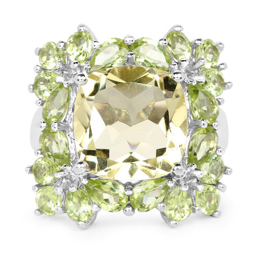 Anillo de plata de ley .925 con cuarzo limón y peridoto auténticos de 9.38 quilates