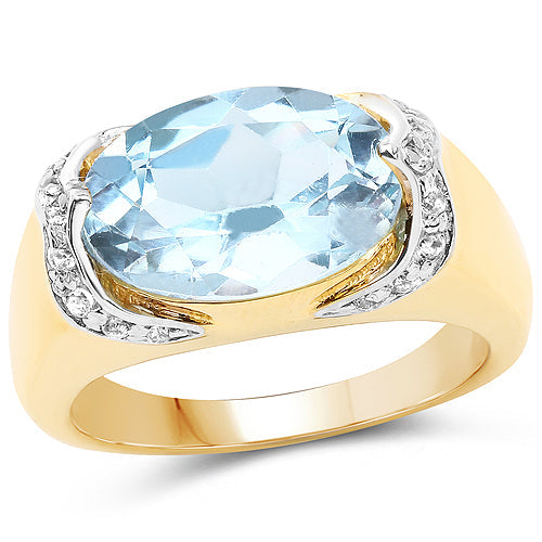 Anillo de plata de ley .925 con topacio azul genuino de 6,56 quilates y topacio blanco, chapado en oro amarillo de 14 quilates