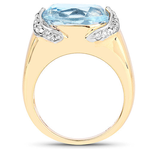 Anillo de plata de ley .925 con topacio azul genuino de 6,56 quilates y topacio blanco, chapado en oro amarillo de 14 quilates