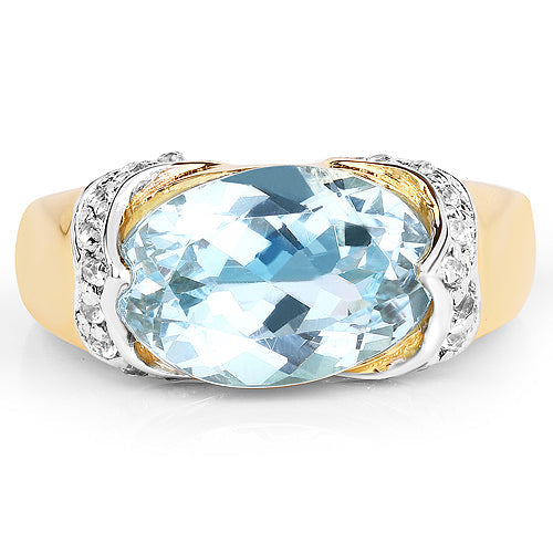 Anillo de plata de ley .925 con topacio azul genuino de 6,56 quilates y topacio blanco, chapado en oro amarillo de 14 quilates