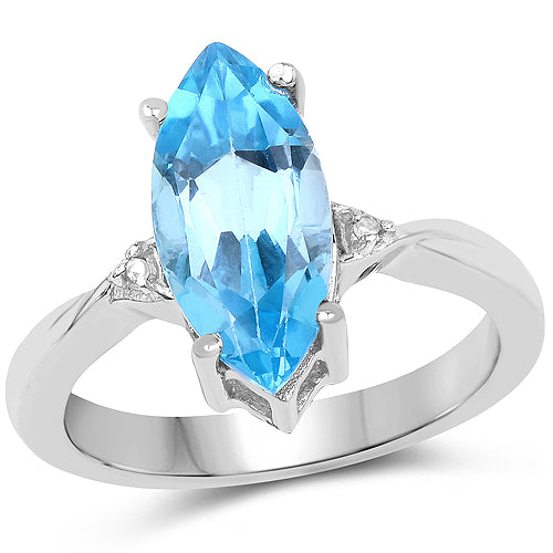Anillo de plata de ley .925 con topacio azul suizo auténtico de 3.67 quilates y diamantes blancos