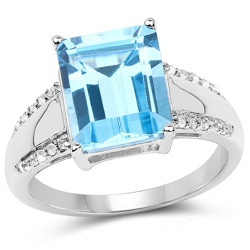 Anillo de plata de ley .925 con topacio azul suizo y topacio blanco genuinos de 5.78 quilates