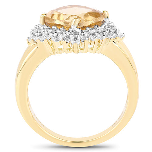 Anillo de plata de ley .925 con citrino genuino de 3.58 quilates y topacio blanco, bañado en oro amarillo de 14 quilates