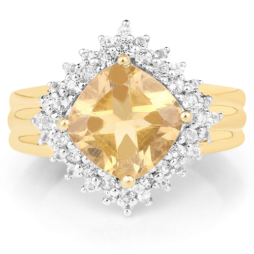 Anillo de plata de ley .925 con citrino genuino de 3.58 quilates y topacio blanco, bañado en oro amarillo de 14 quilates