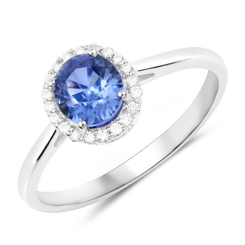 1.27 Carat Genuine Blue Sapphire and White Diamond 14K White Gold Ring