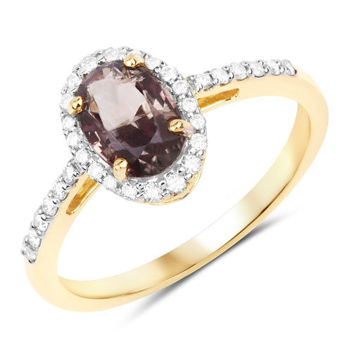 Anillo de oro amarillo de 14 quilates con zafiro rosa pardusco genuino de 1,68 quilates y diamante blanco