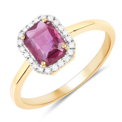 Anillo de oro amarillo de 14 quilates con zafiro rosa genuino de 1,30 quilates y diamantes blancos
