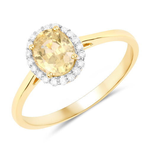 Anillo de oro amarillo de 14 quilates con zafiro amarillo auténtico de 1,19 quilates y diamantes blancos
