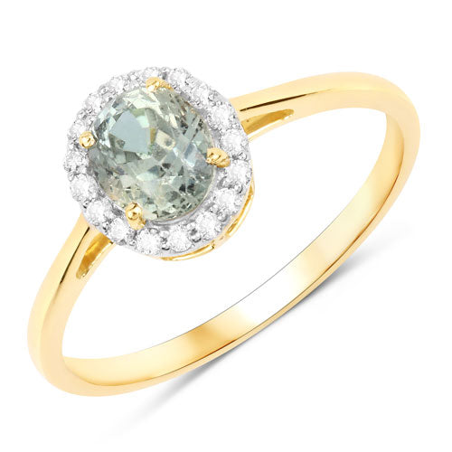 Anillo de oro amarillo de 14 quilates con zafiro verde genuino de 1,29 quilates y diamante blanco
