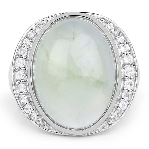 Anillo de plata de ley .925 con prehnita auténtica y topacio blanco de 11.50 quilates