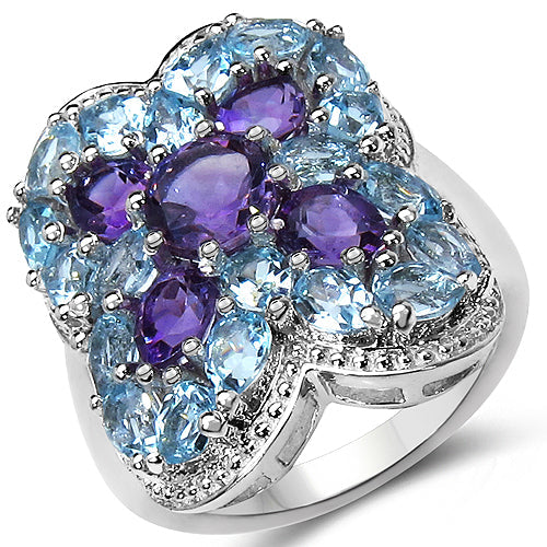 Anillo de plata de ley 925 con amatista genuina y topacio azul de 5,53 quilates