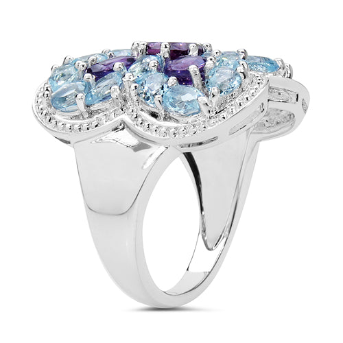 Anillo de plata de ley 925 con amatista genuina y topacio azul de 5,53 quilates