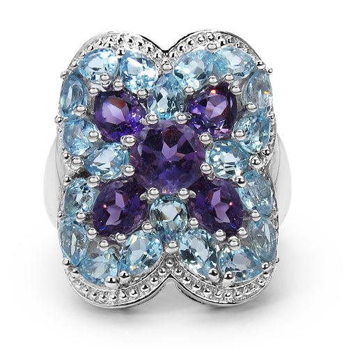 Anillo de plata de ley 925 con amatista genuina y topacio azul de 5,53 quilates