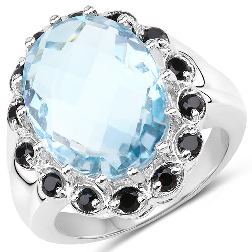Anillo de plata de ley .925 con topacio azul genuino de 12.49 quilates y espinela negra