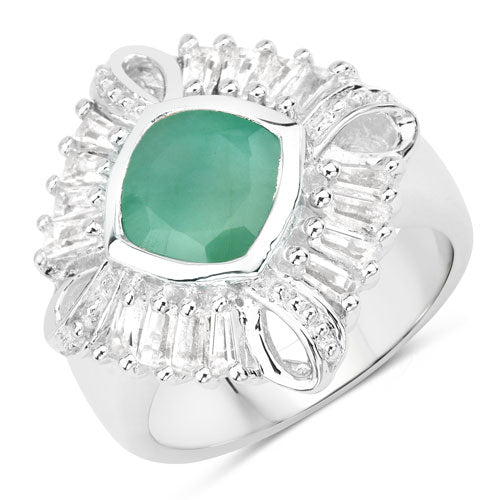 Anillo de plata de ley .925 con auténtica esmeralda de 2.57 quilates, topacio blanco y diamante blanco