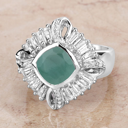 Anillo de plata de ley .925 con auténtica esmeralda de 2.57 quilates, topacio blanco y diamante blanco
