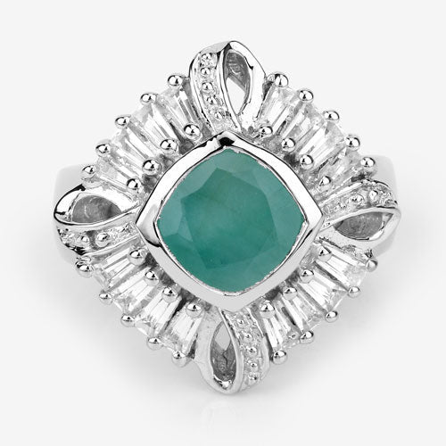 Anillo de plata de ley .925 con auténtica esmeralda de 2.57 quilates, topacio blanco y diamante blanco