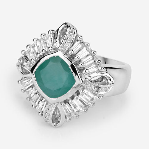Anillo de plata de ley .925 con auténtica esmeralda de 2.57 quilates, topacio blanco y diamante blanco