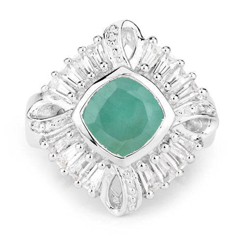 Anillo de plata de ley .925 con auténtica esmeralda de 2.57 quilates, topacio blanco y diamante blanco