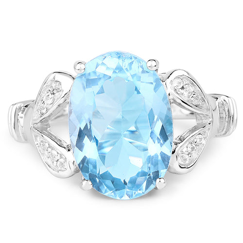 Anillo de plata de ley .925 con topacio azul suizo auténtico de 7,29 quilates y topacio blanco